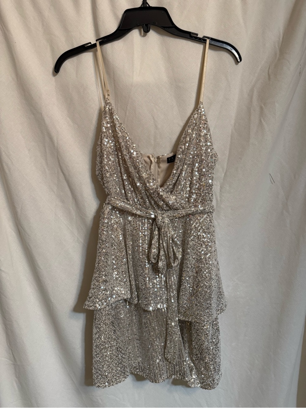 Trixxi Silver Sequin Tiered Mini Dress with Tie Waist
